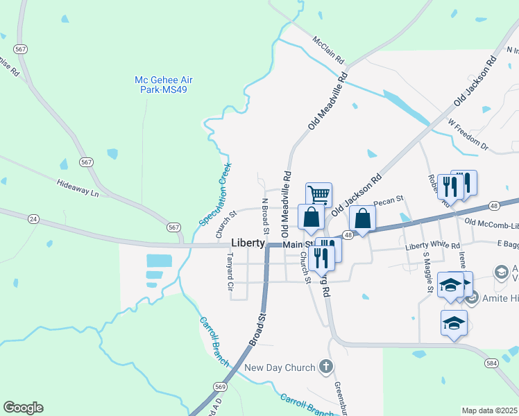 map of restaurants, bars, coffee shops, grocery stores, and more near North Church Street in Liberty