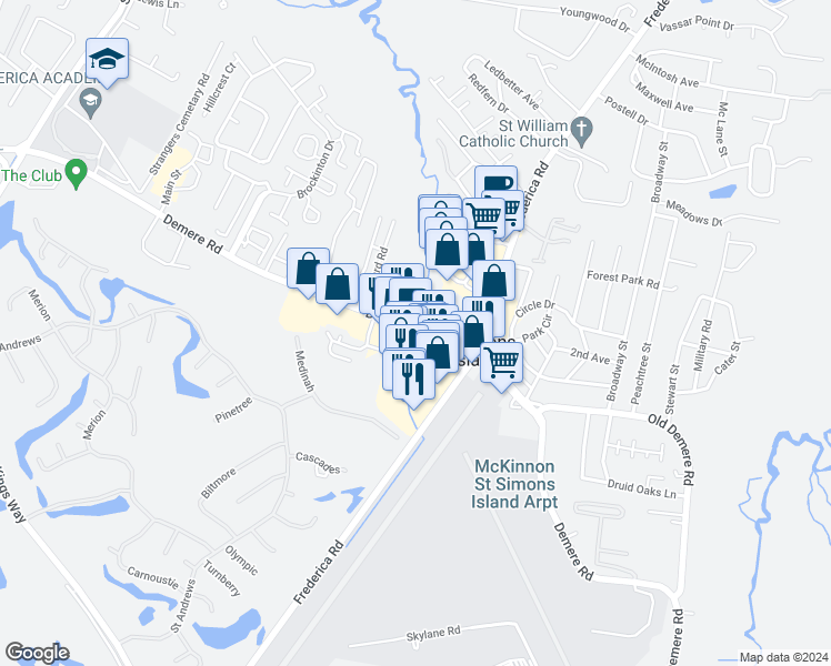 map of restaurants, bars, coffee shops, grocery stores, and more near 242 Retreat Village in St. Simons Island