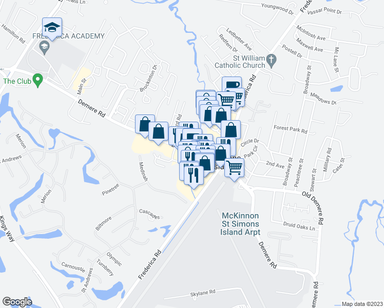 map of restaurants, bars, coffee shops, grocery stores, and more near 242 Retreat Village in St. Simons Island