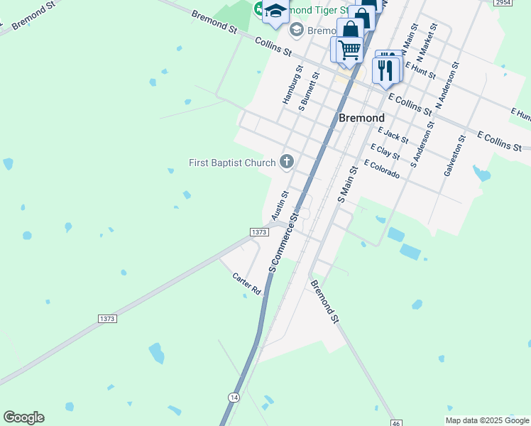 map of restaurants, bars, coffee shops, grocery stores, and more near 14476 Farm to Market Road 1373 in Bremond