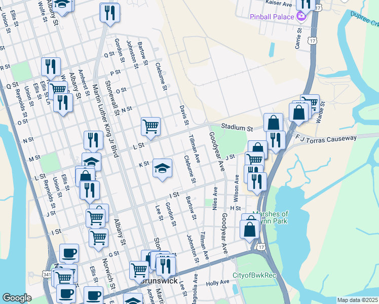 map of restaurants, bars, coffee shops, grocery stores, and more near 2207 K Street in Brunswick