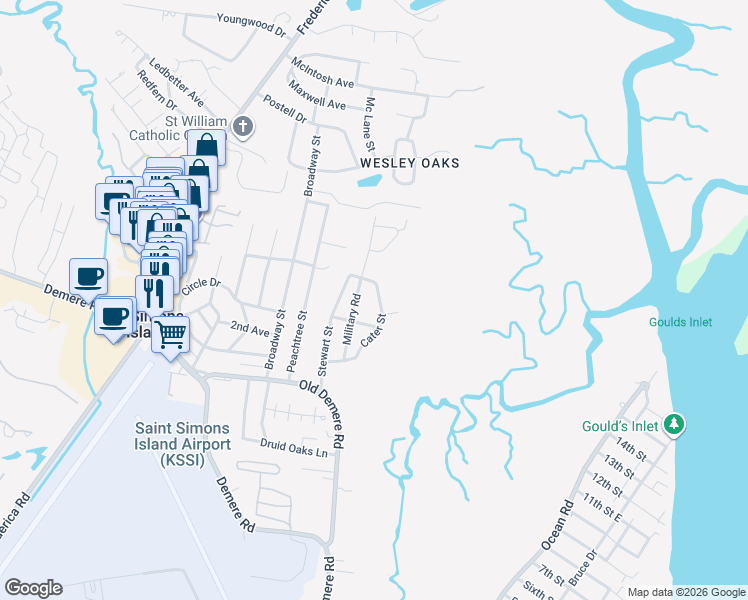 map of restaurants, bars, coffee shops, grocery stores, and more near 127-199 Military Road in Saint Simons Island
