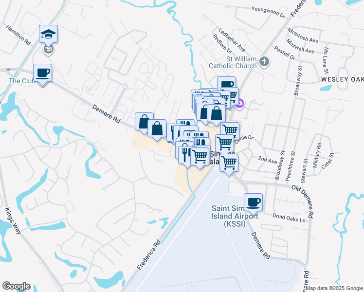map of restaurants, bars, coffee shops, grocery stores, and more near 2280 Demere Road in St. Simons Island