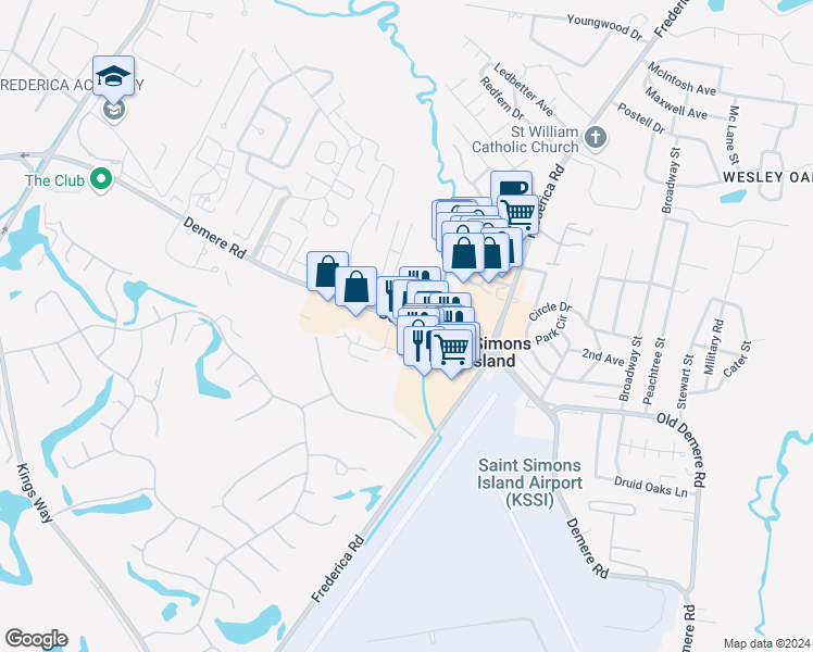 map of restaurants, bars, coffee shops, grocery stores, and more near 2280 Demere Road in St. Simons Island