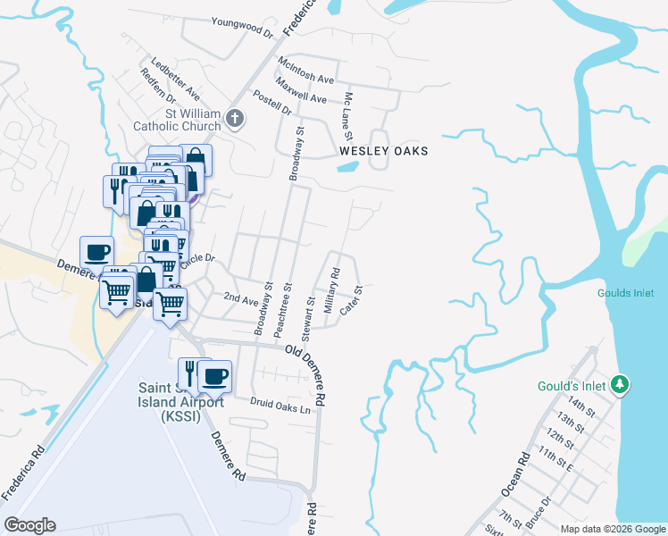 map of restaurants, bars, coffee shops, grocery stores, and more near 127 Military Road in Saint Simons Island