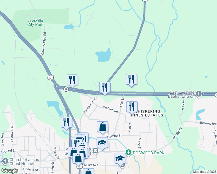 map of restaurants, bars, coffee shops, grocery stores, and more near 8411 Kurthwood Road in Leesville