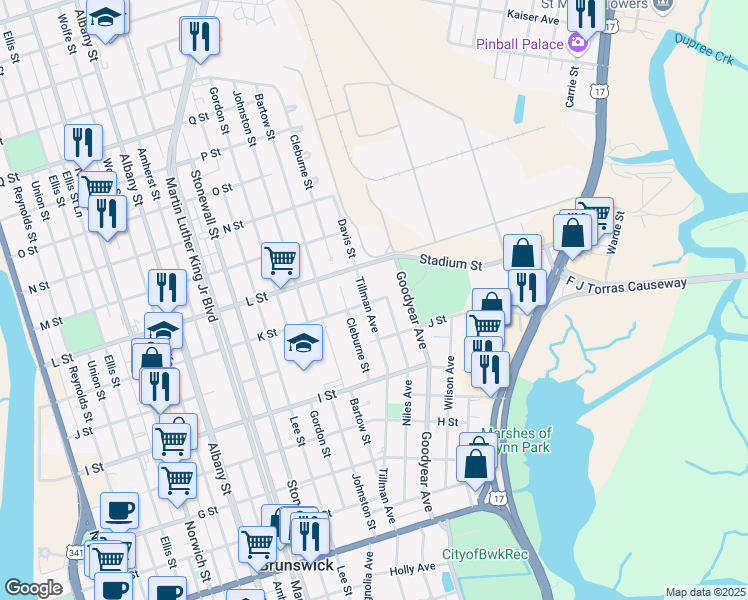 map of restaurants, bars, coffee shops, grocery stores, and more near 2207 K Street in Brunswick