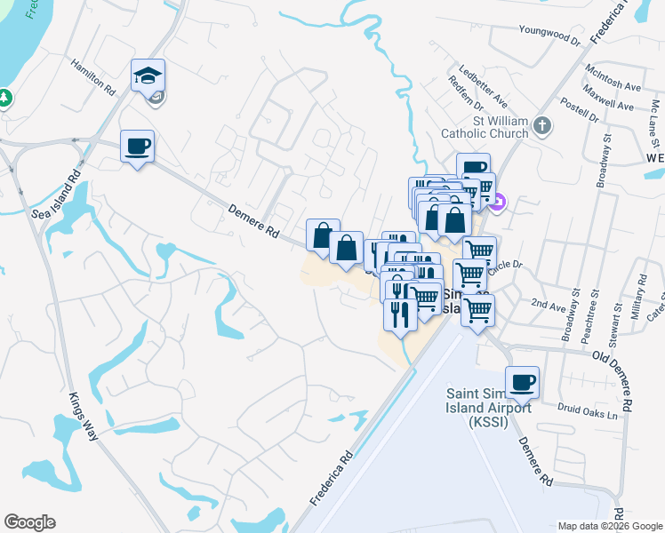 map of restaurants, bars, coffee shops, grocery stores, and more near 2481 Demere Road in St. Simons Island