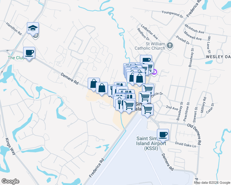 map of restaurants, bars, coffee shops, grocery stores, and more near 2280 Demere Road in St. Simons Island