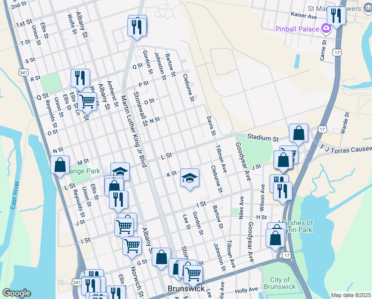 map of restaurants, bars, coffee shops, grocery stores, and more near Johnston Street in Brunswick