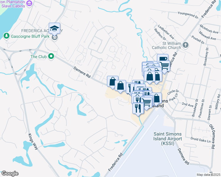 map of restaurants, bars, coffee shops, grocery stores, and more near 2603 Demere Road in St. Simons Island