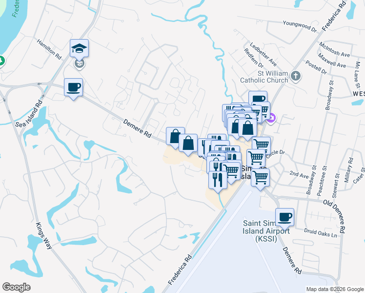 map of restaurants, bars, coffee shops, grocery stores, and more near 2481 Demere Road in St. Simons Island