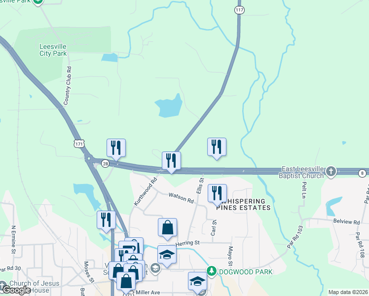 map of restaurants, bars, coffee shops, grocery stores, and more near 8411 Kurthwood Road in Leesville
