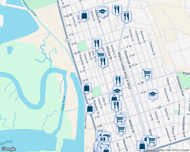 map of restaurants, bars, coffee shops, grocery stores, and more near 2420 Union Street in Brunswick