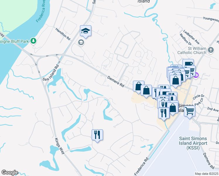 map of restaurants, bars, coffee shops, grocery stores, and more near 2801 Demere Road in St. Simons Island