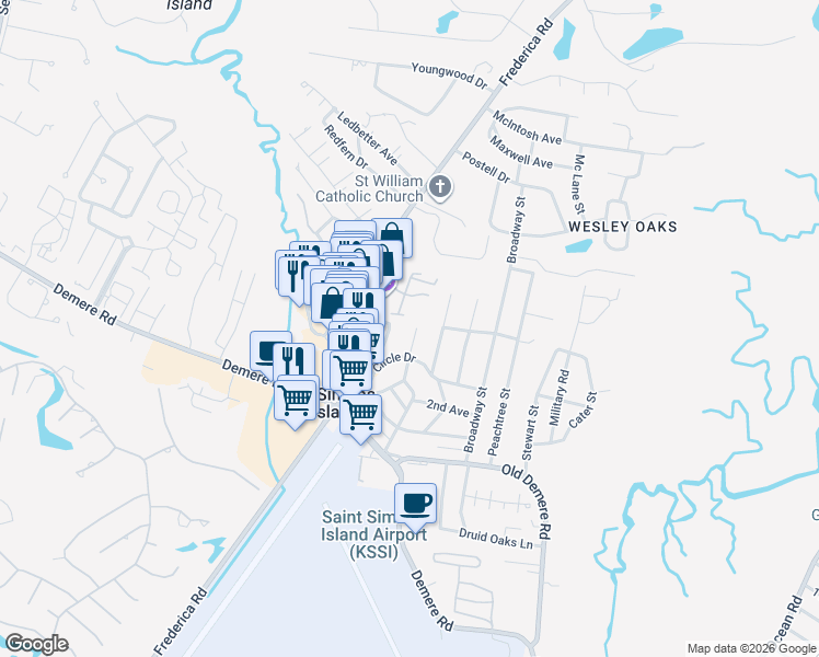 map of restaurants, bars, coffee shops, grocery stores, and more near 241 Florida Street in St. Simons Island