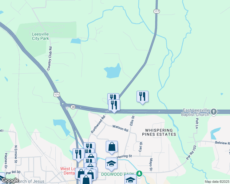 map of restaurants, bars, coffee shops, grocery stores, and more near 8396 Kurthwood Road in Leesville