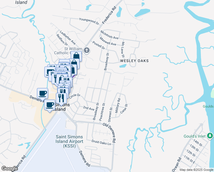 map of restaurants, bars, coffee shops, grocery stores, and more near 310 Peachtree Street in St. Simons Island