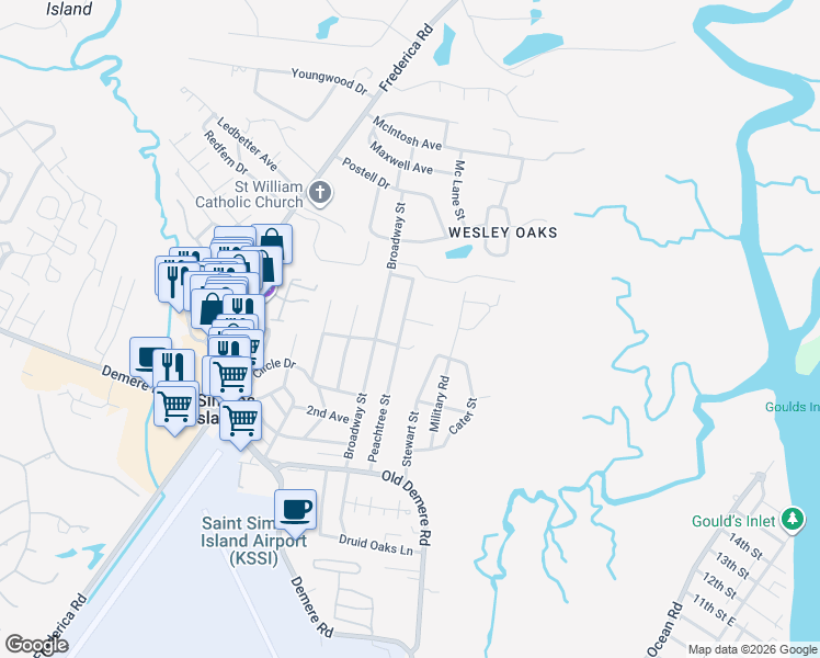 map of restaurants, bars, coffee shops, grocery stores, and more near 310 Peachtree Street in St. Simons Island
