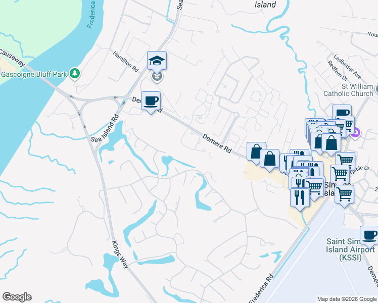 map of restaurants, bars, coffee shops, grocery stores, and more near 704 Reserve Lane in St. Simons Island