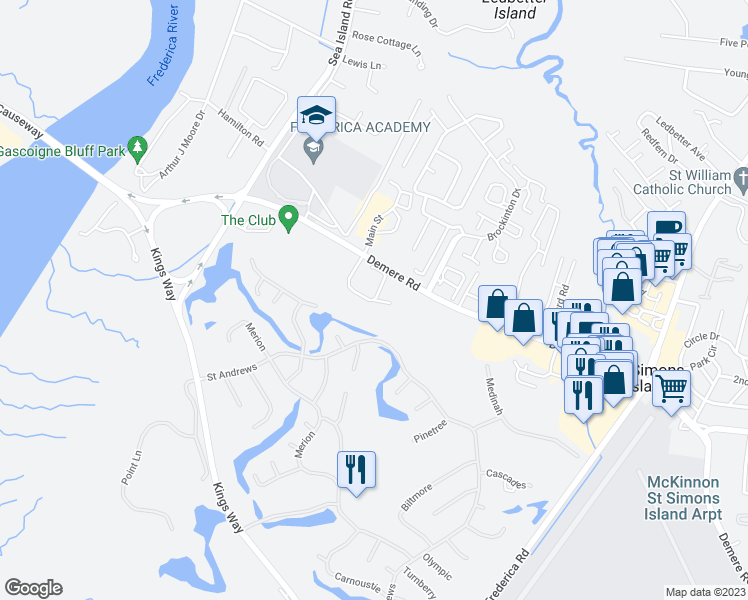 map of restaurants, bars, coffee shops, grocery stores, and more near 1304 Reserve Court in Saint Simons Island