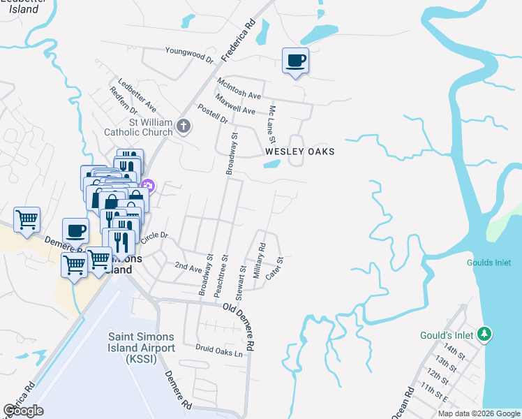 map of restaurants, bars, coffee shops, grocery stores, and more near 1661 Reserve Way in St. Simons Island