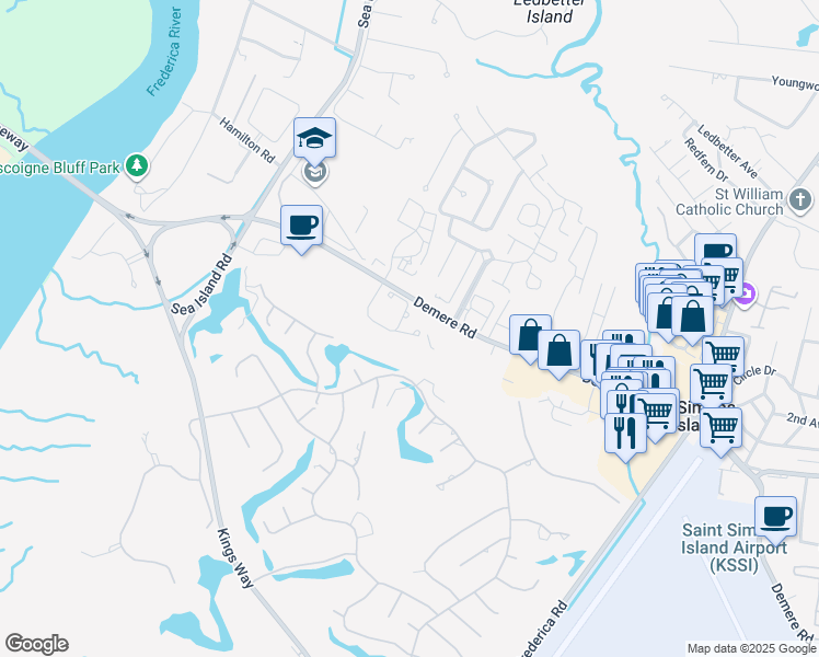 map of restaurants, bars, coffee shops, grocery stores, and more near 2801 Demere Road in St. Simons Island