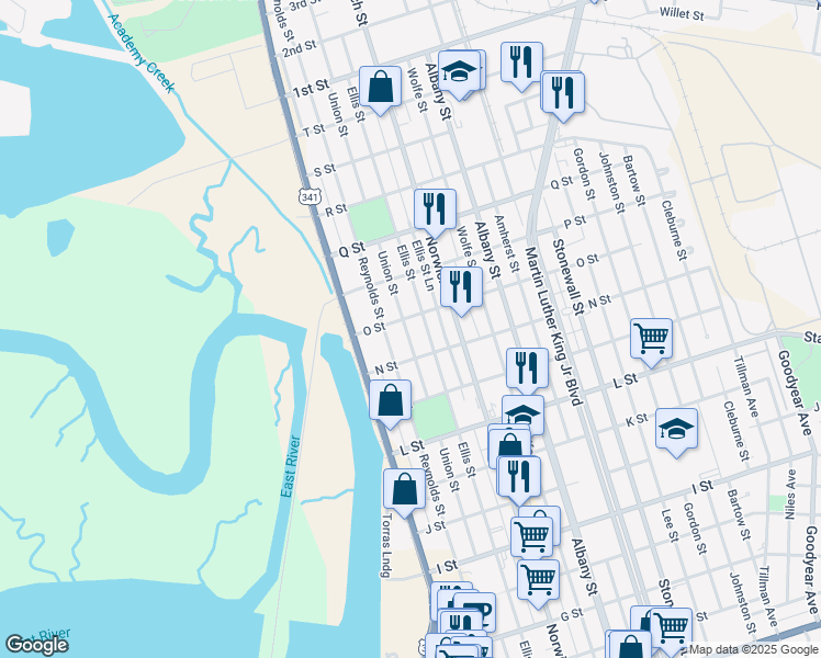 map of restaurants, bars, coffee shops, grocery stores, and more near 2420 Union Street in Brunswick