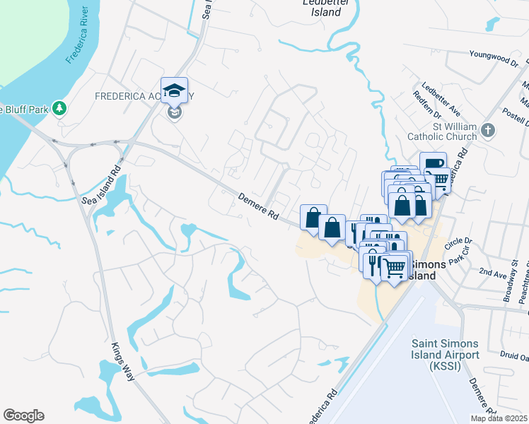 map of restaurants, bars, coffee shops, grocery stores, and more near 2731-2769 Demere Road in Saint Simons Island