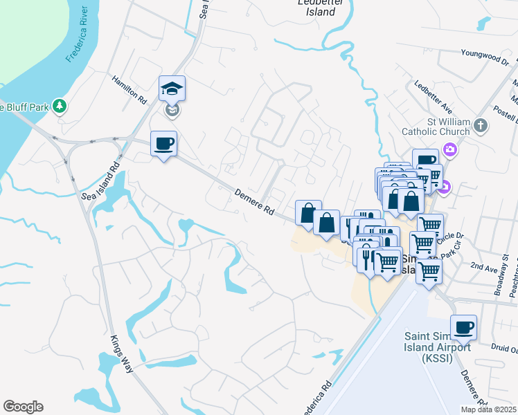 map of restaurants, bars, coffee shops, grocery stores, and more near 2731-2769 Demere Road in Saint Simons Island