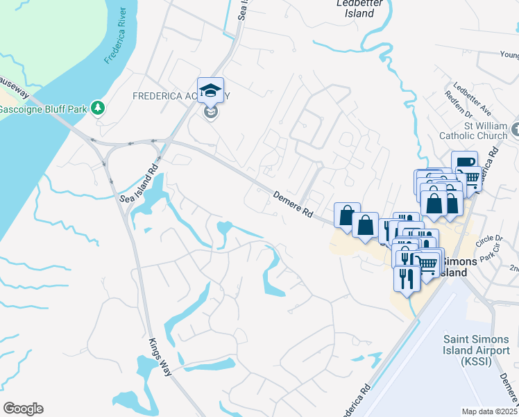 map of restaurants, bars, coffee shops, grocery stores, and more near 704 Reserve Lane in St. Simons Island