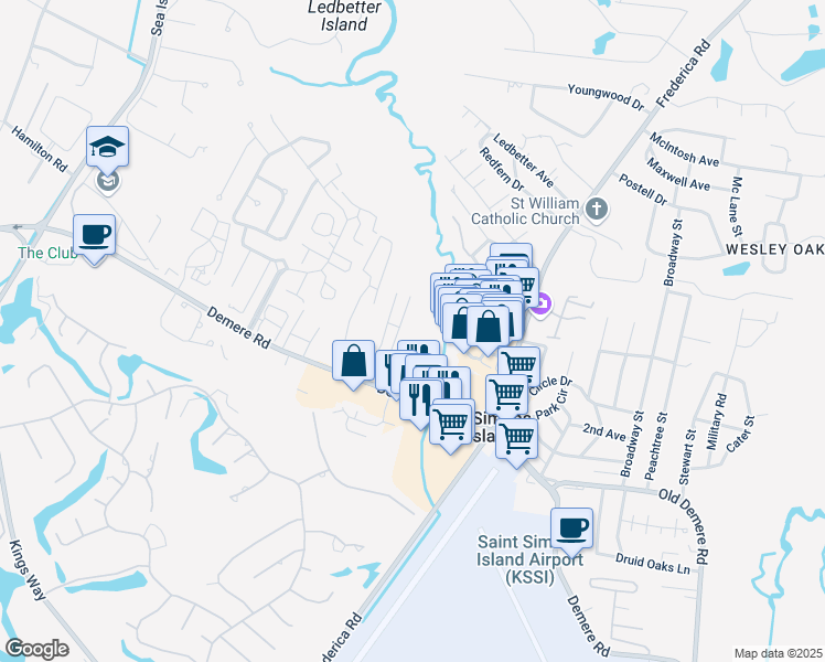 map of restaurants, bars, coffee shops, grocery stores, and more near 128 Plum Broke in St. Simons