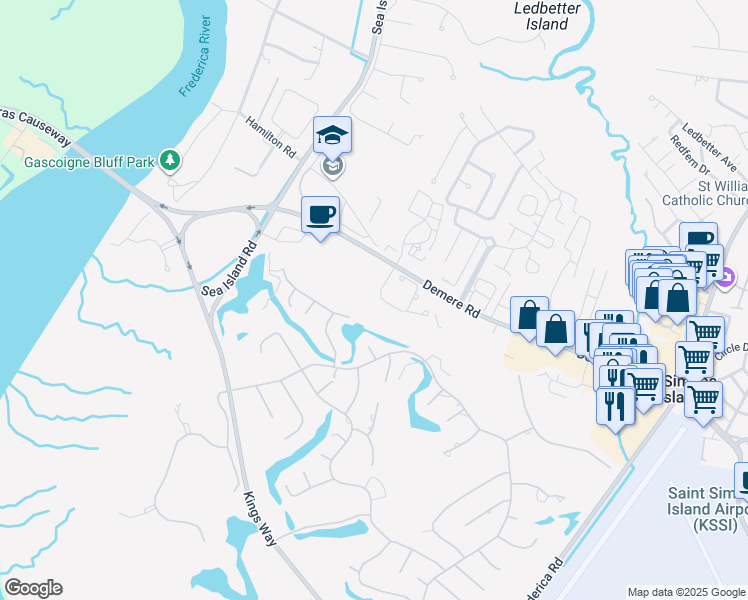 map of restaurants, bars, coffee shops, grocery stores, and more near 505 Reserve Lane in St. Simons Island