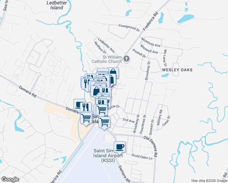 map of restaurants, bars, coffee shops, grocery stores, and more near 241 Florida Street in St. Simons Island