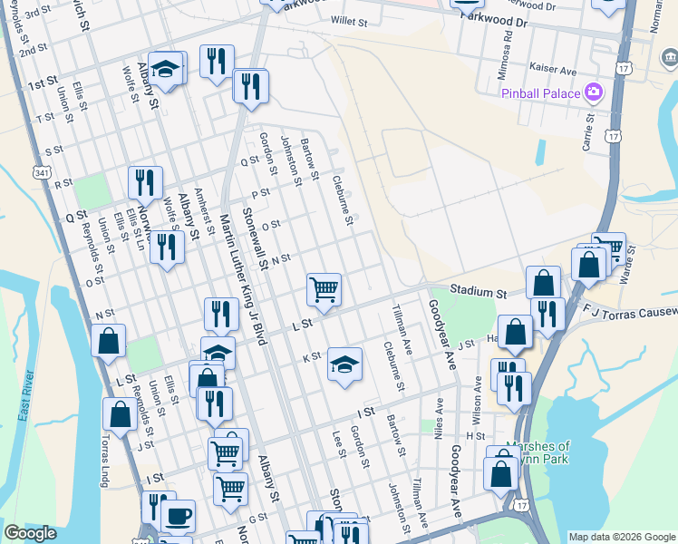 map of restaurants, bars, coffee shops, grocery stores, and more near 2223 Bartow Street in Brunswick