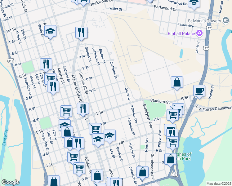 map of restaurants, bars, coffee shops, grocery stores, and more near 2223 Bartow Street in Brunswick
