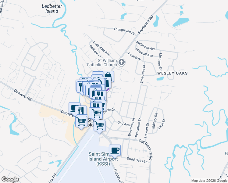 map of restaurants, bars, coffee shops, grocery stores, and more near 199 Tanglewood Road in St. Simons Island