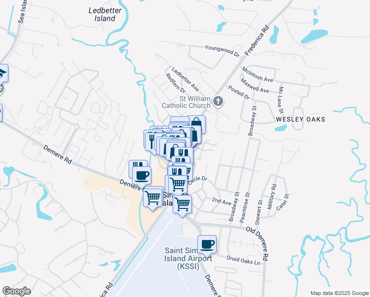 map of restaurants, bars, coffee shops, grocery stores, and more near 1699 Frederica Road in St. Simons Island