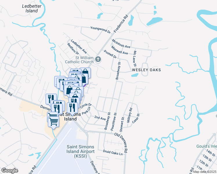 map of restaurants, bars, coffee shops, grocery stores, and more near 154 Laurel View Drive in St. Simons Island