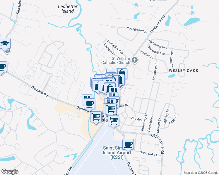 map of restaurants, bars, coffee shops, grocery stores, and more near 261 Edwards Plaza PE in St. Simons