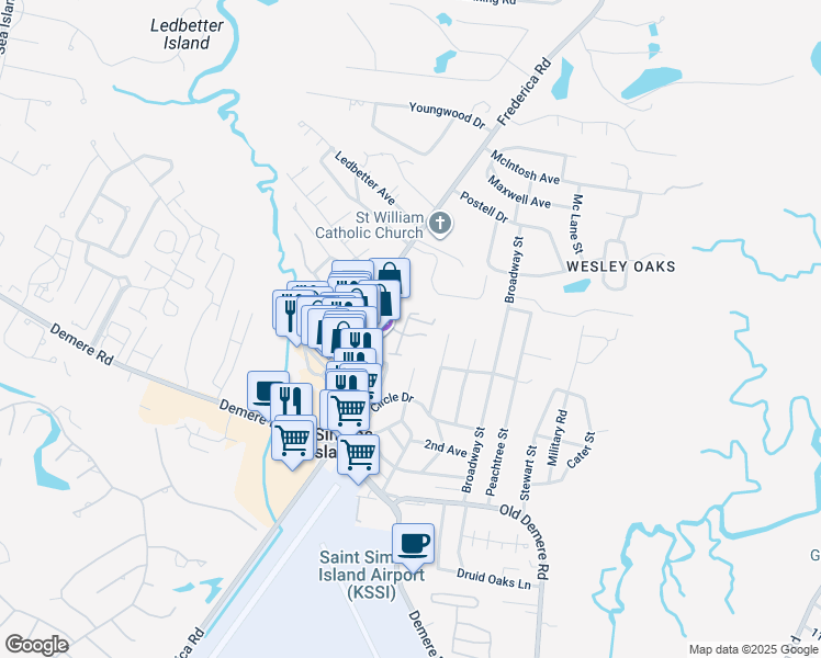 map of restaurants, bars, coffee shops, grocery stores, and more near 199 Tanglewood Road in St. Simons Island