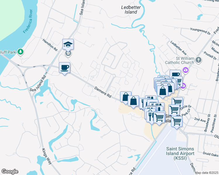 map of restaurants, bars, coffee shops, grocery stores, and more near 110 Ashwood Way in St. Simons Island