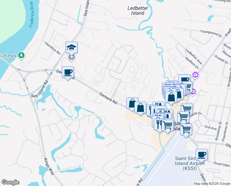 map of restaurants, bars, coffee shops, grocery stores, and more near 110 Ashwood Way in St. Simons Island