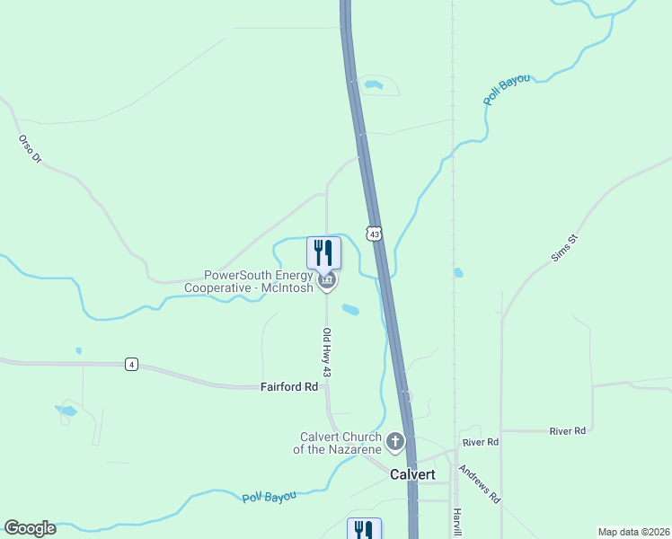 map of restaurants, bars, coffee shops, grocery stores, and more near 7777 Old Highway 43 in McIntosh