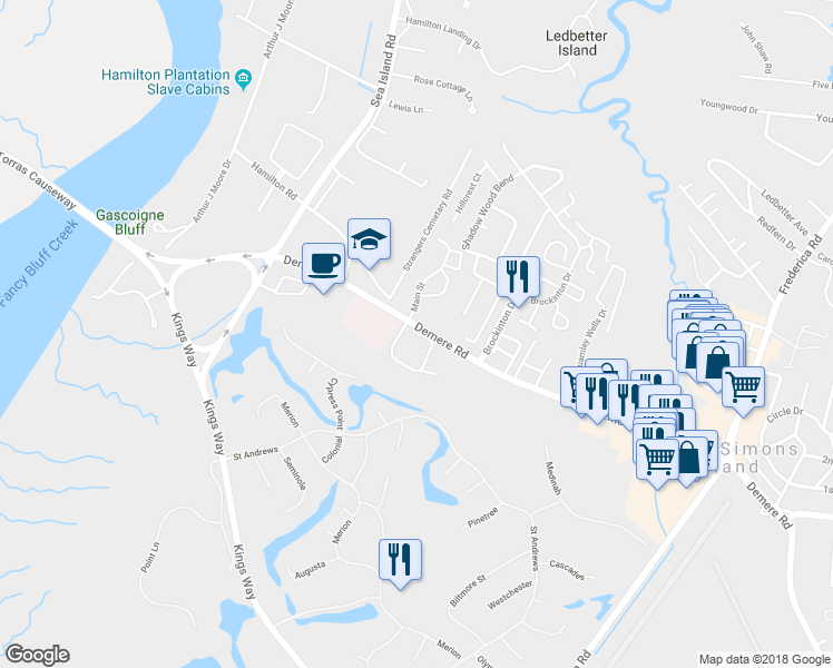 map of restaurants, bars, coffee shops, grocery stores, and more near 1207 Reserve Lane in Saint Simons Island