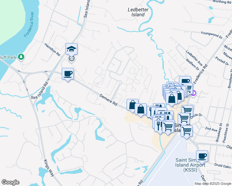 map of restaurants, bars, coffee shops, grocery stores, and more near 110 Ashwood Way in St. Simons Island