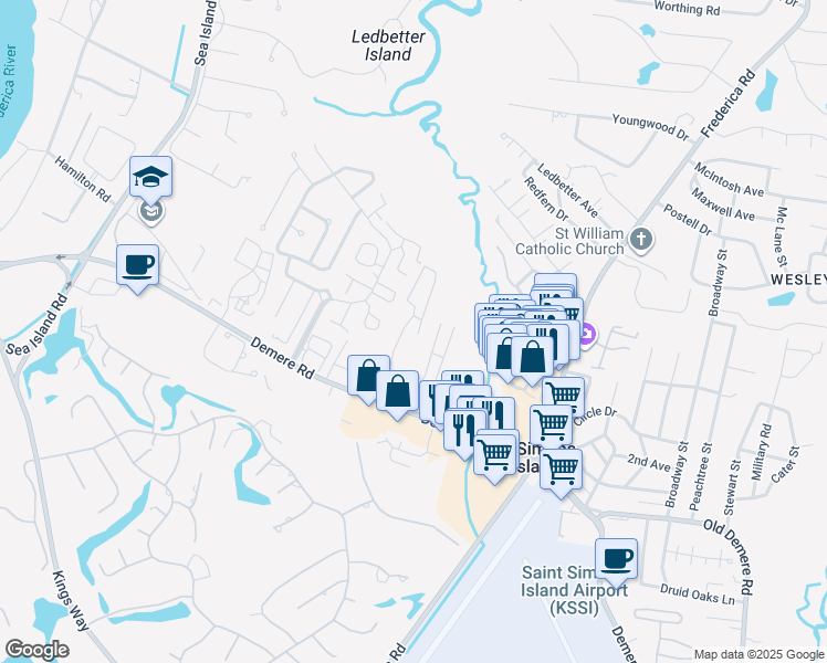 map of restaurants, bars, coffee shops, grocery stores, and more near 150 Shady Brook Circle in St. Simons Island