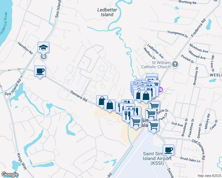 map of restaurants, bars, coffee shops, grocery stores, and more near 150 Shady Brook Circle in St. Simons Island