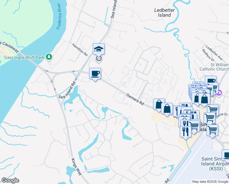map of restaurants, bars, coffee shops, grocery stores, and more near 2927 Demere Road in St. Simons Island