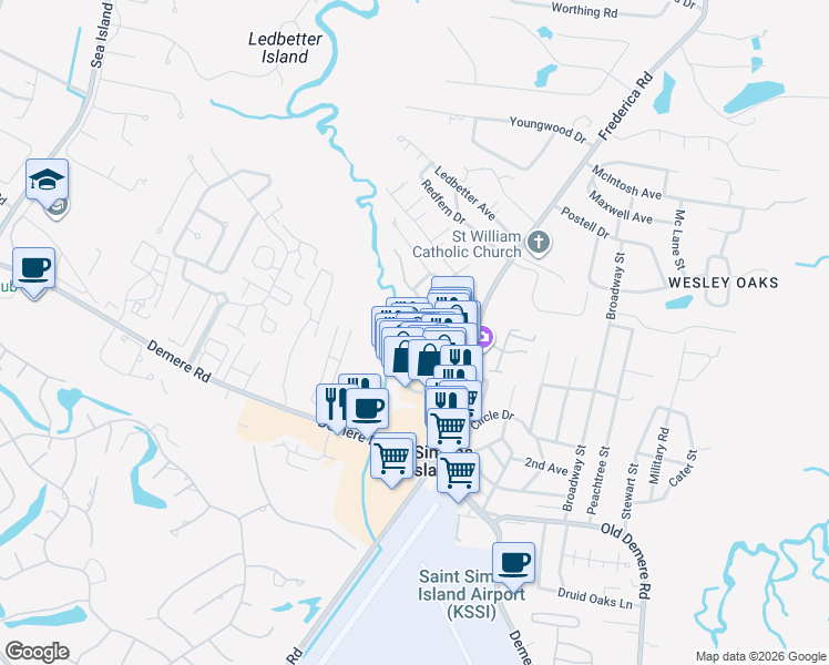 map of restaurants, bars, coffee shops, grocery stores, and more near 100 Blair Road in St. Simons Island